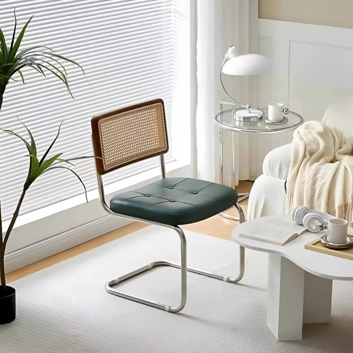Mid-Century Modern Armless Dining Chairs with Rattan Backrest and PU Leather - DSARD
