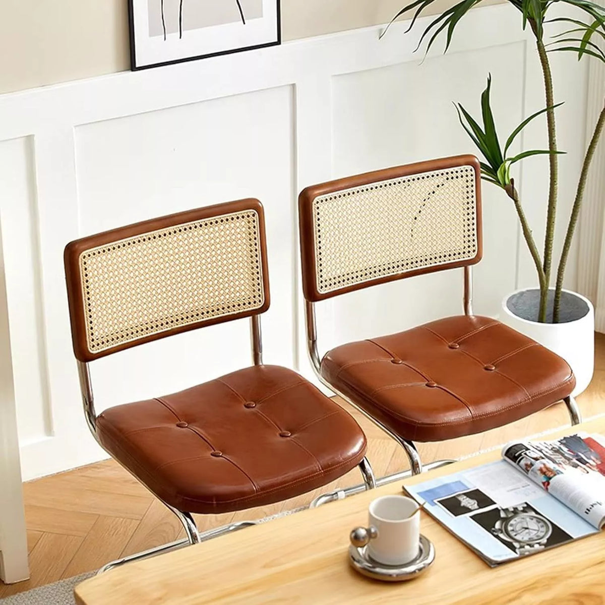 Mid-Century Modern Armless Dining Chairs with Rattan Backrest and PU Leather - DSARD