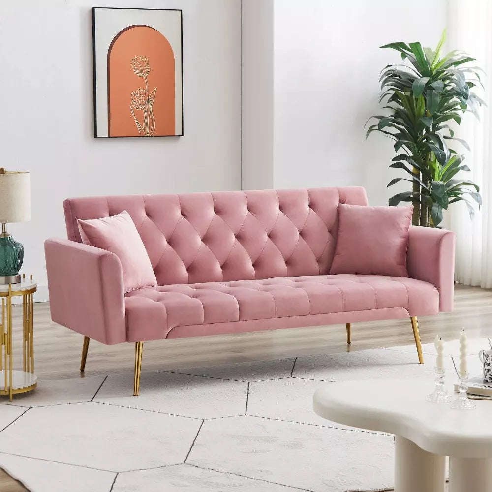 Velvet Futon Sofa Bed with 3 Adjustable Backrest Angles & Pillows - DSARD