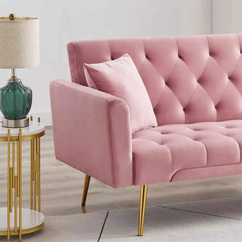 Velvet Futon Sofa Bed with 3 Adjustable Backrest Angles & Pillows - DSARD