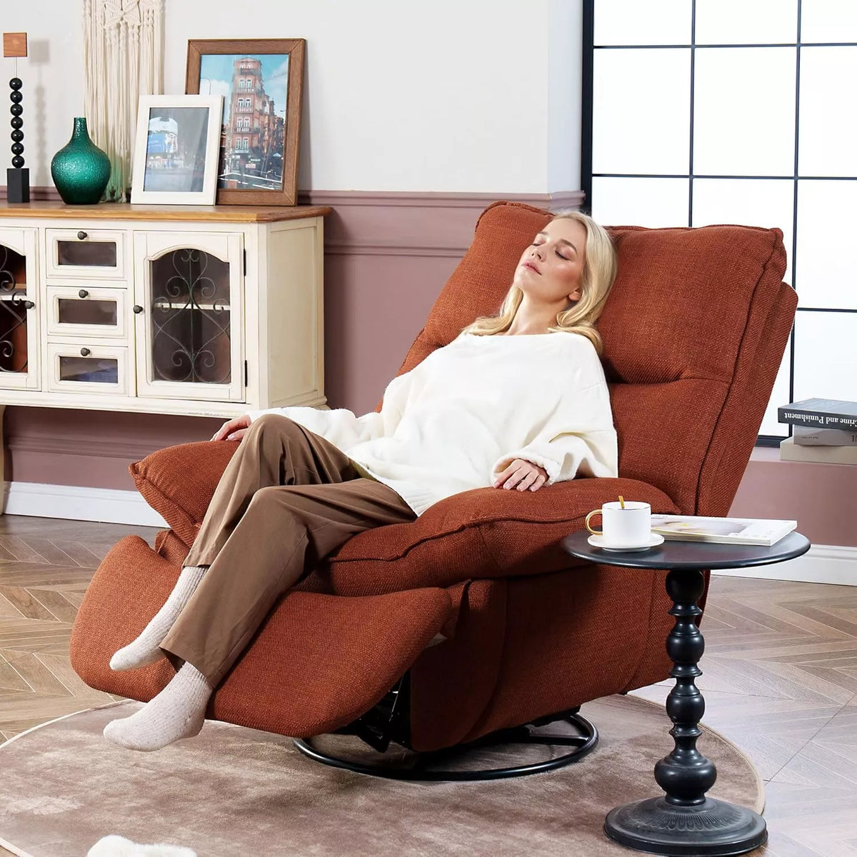 Oversized Swivel Rocker Recliner Chair with Adjustable Backrest and Side Pockets - DSARD