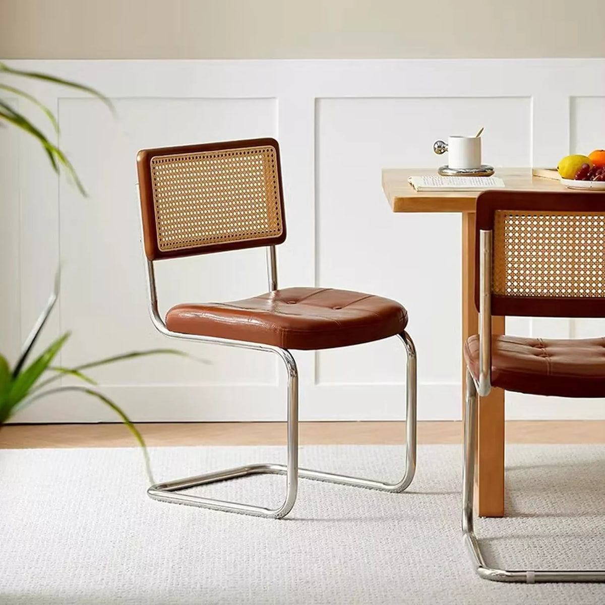 Mid-Century Modern Armless Dining Chairs with Rattan Backrest and PU Leather - DSARD