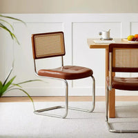 Mid-Century Modern Armless Dining Chairs with Rattan Backrest and PU Leather - DSARD